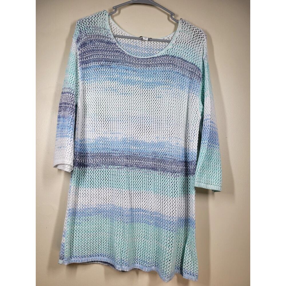 J Jill Womens Medium Blue Multi Tie Dye Oversized Knit Sweater Beach Boho Preppy